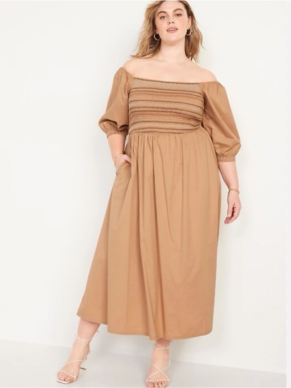 Old Navy Off Shoulder Smocked Poplin Cotton Midi Dress - Picture 2 of 16